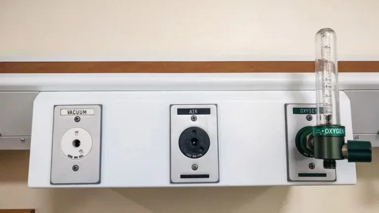 Panel hospitalario con tomas de vacío, aire medicinal y oxígeno.