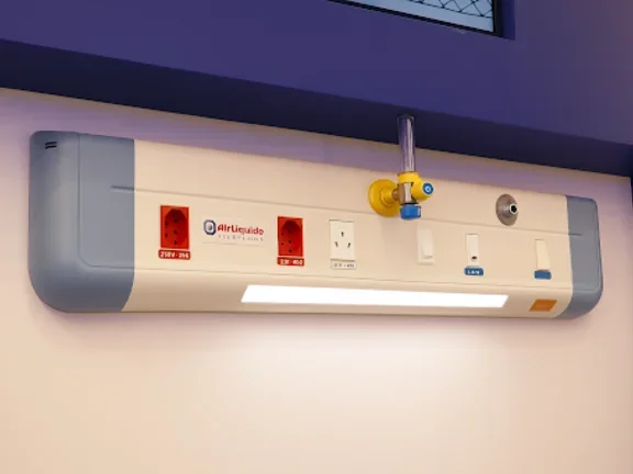 Unidad de cabecera hospitalaria con tomas de gases medicinales y energía.